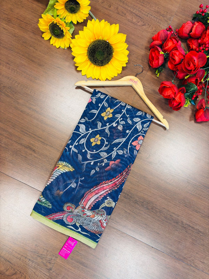 Happiness Every Day Kalamkari Printed Fancy Linen Saree