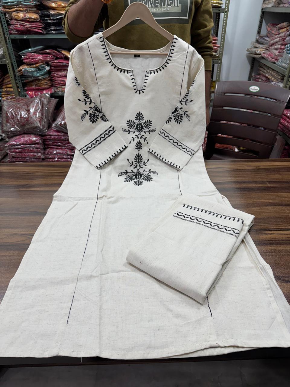 White Basant Cotton Kurti Set