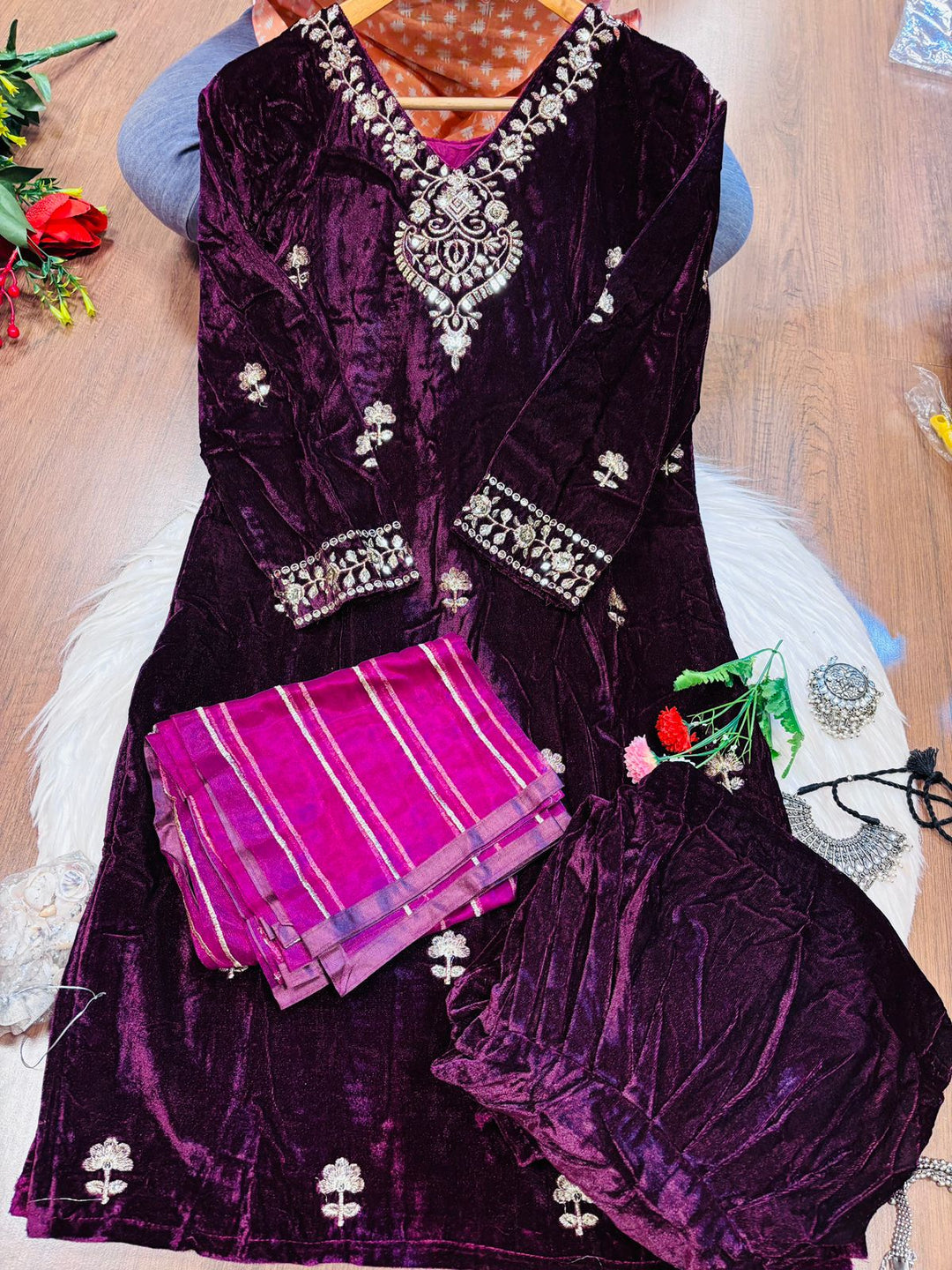 Santa Nights Designer Velvet Sharara Set