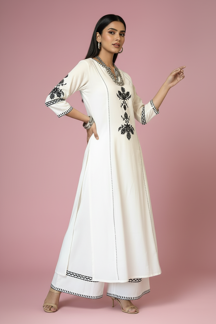 White Basant Cotton Kurti Set