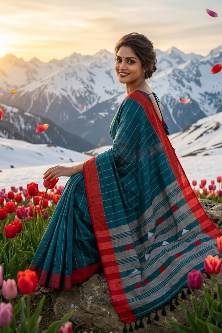 The Royal Drape Cotton Saree (Red & Blue)