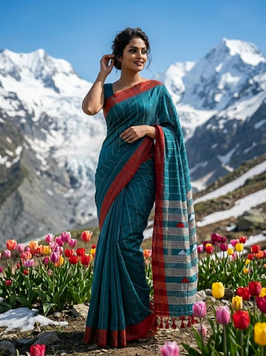 The Royal Drape Cotton Saree (Red & Blue)