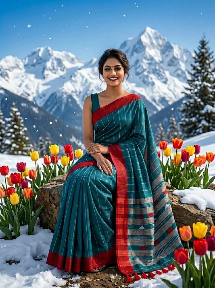 The Royal Drape Cotton Saree (Red & Blue)