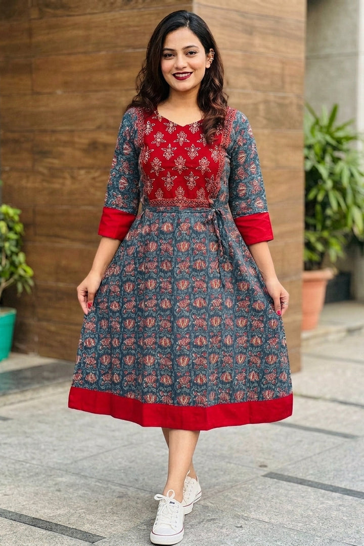 Vibrant Vine Cotton Midi Dress