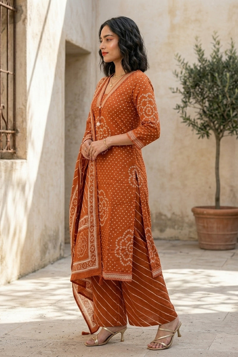 Autumn Spice Bandhani Cotton Kurti Set