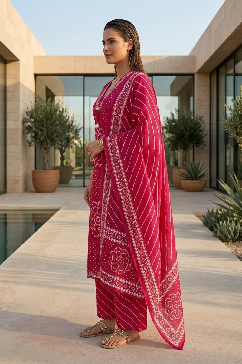 Pink Petal Leheriya Cotton Kurti Set