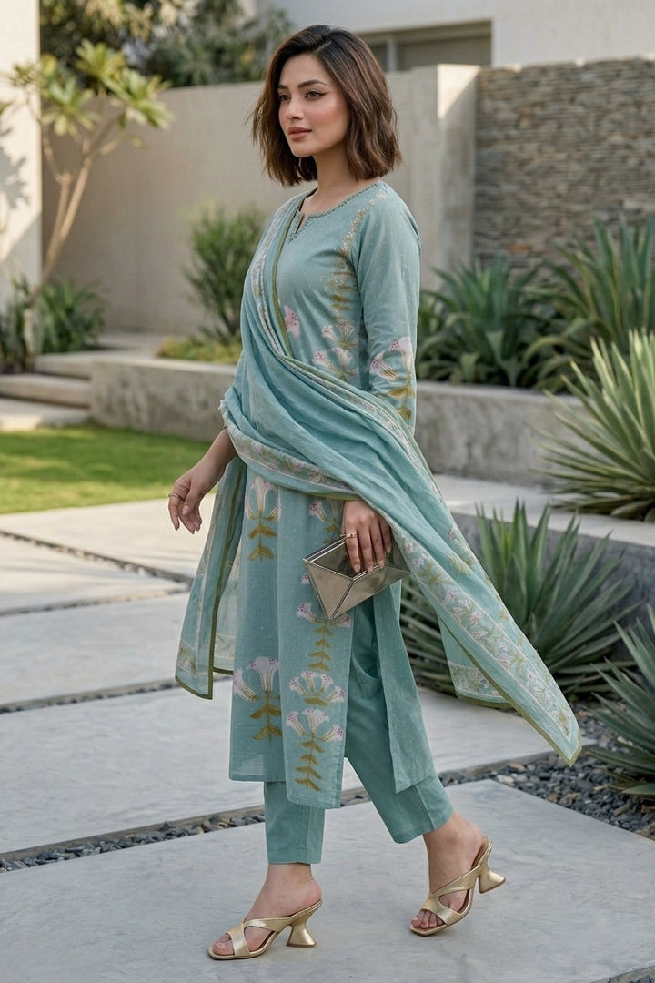 Sky Love Cotton Kurti Set (Sky blue)