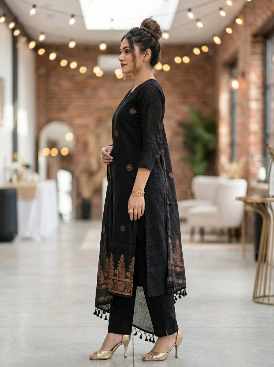 Gilded Charcoal Cotton Kurti Set