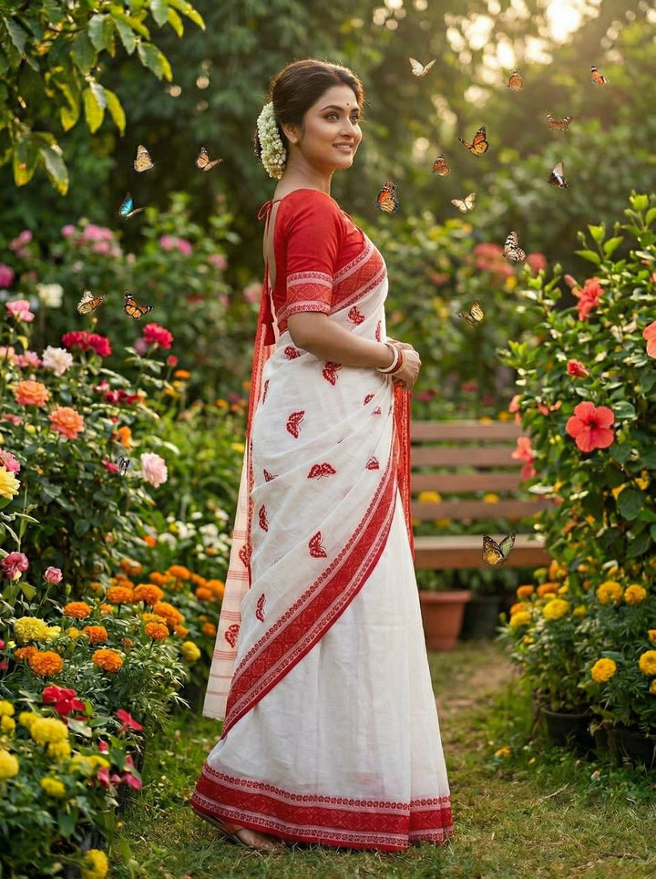 Ashtami Tangail Tant Cotton Saree(Butterfly Embroidery)