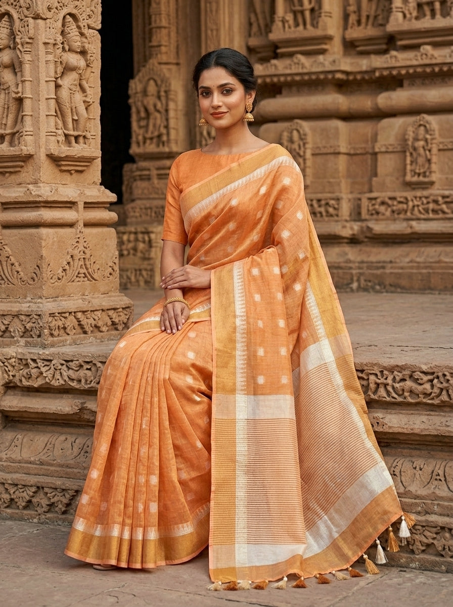 Pearl Weave Tissue Linen Saree (Orange)