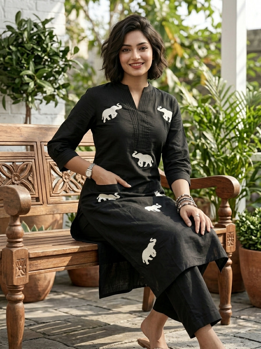 Elephant Design Cotton Kurti Set