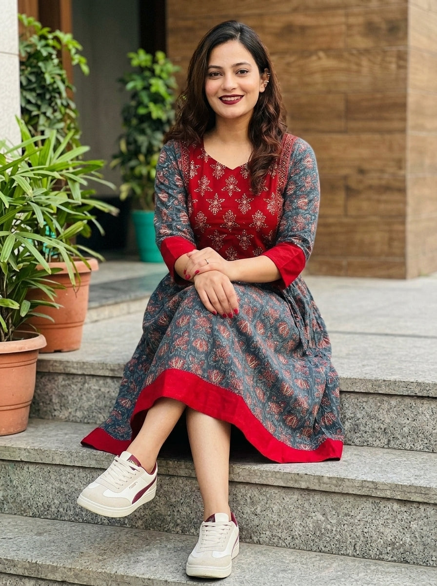 Vibrant Vine Cotton Midi Dress