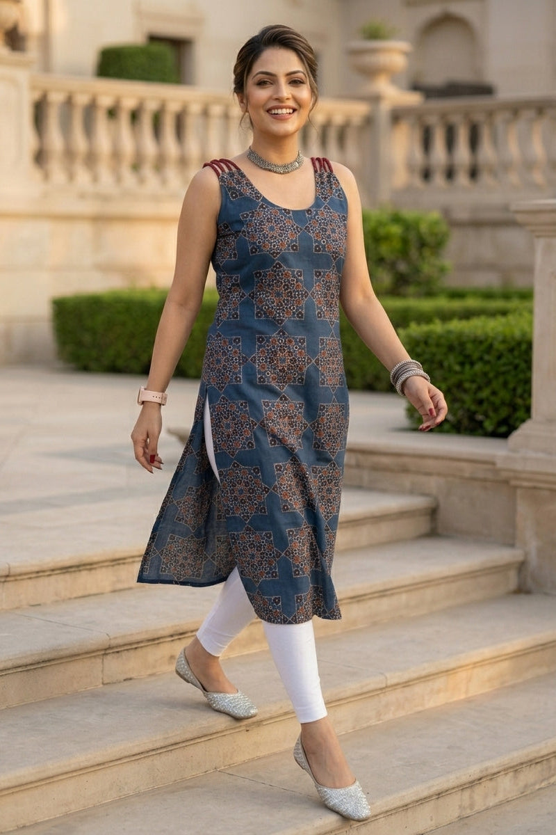 Noir Nova -  Pure Ajrakh Sustainable  Kurti (With Braided Strap)