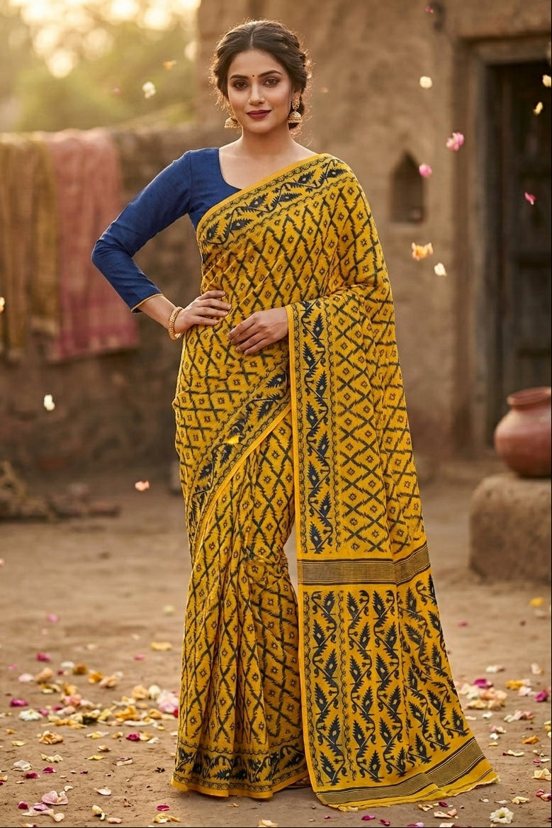 Neel Komol ( নীল কমল )Bengal Jamdani Saree (Yellow)