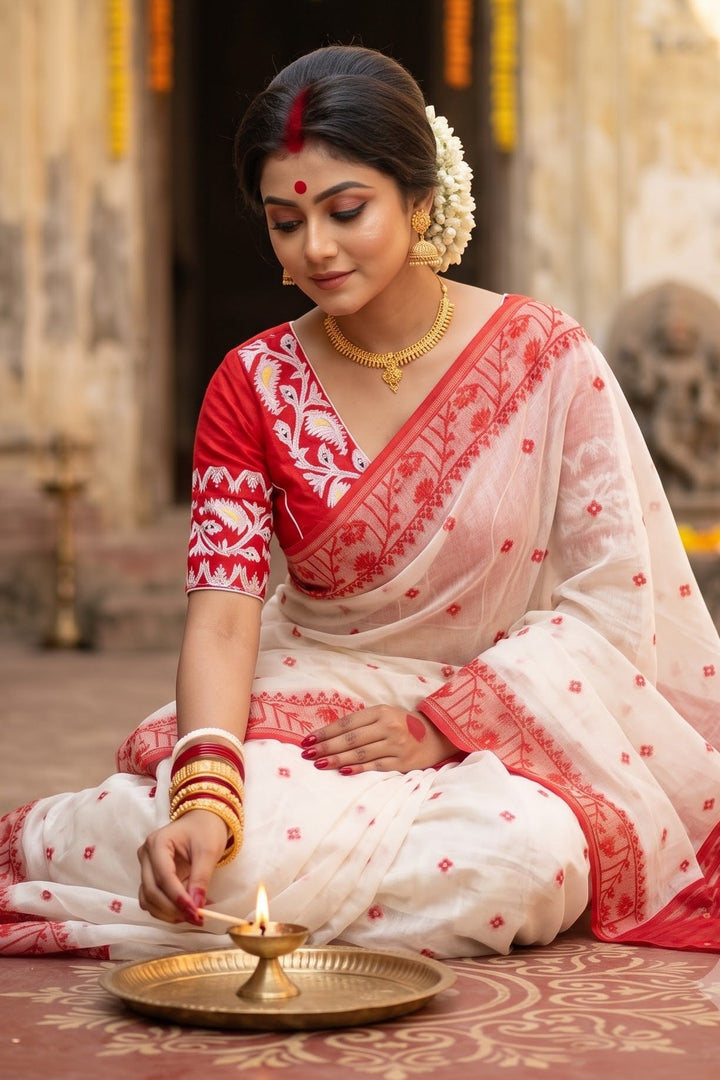 Ektu Bikel – Karat Dhakai Jamdani Saree with Designer Cotton Blouse Combo
