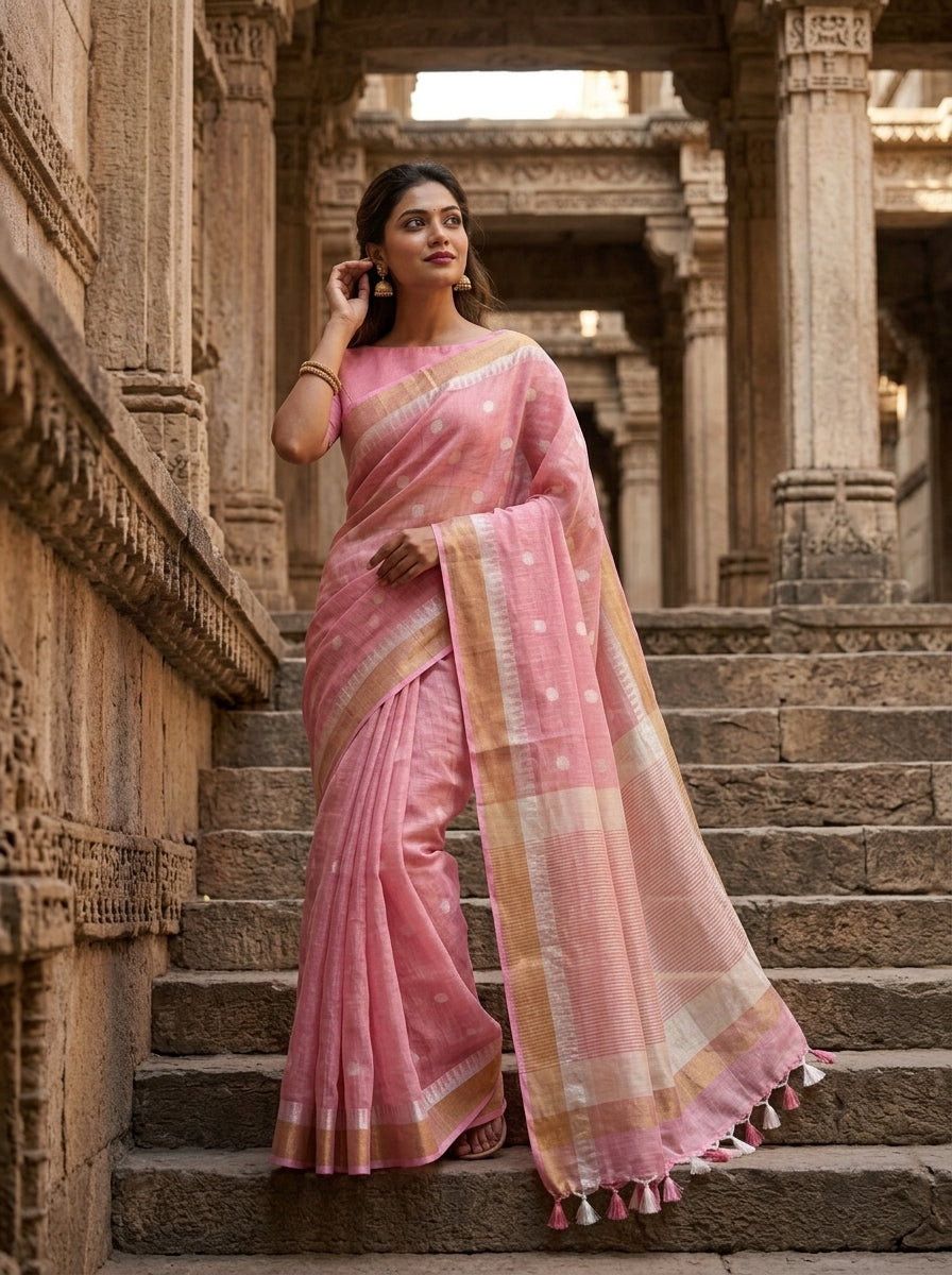 Pearl Weave Tissue Linen Saree (Pink)