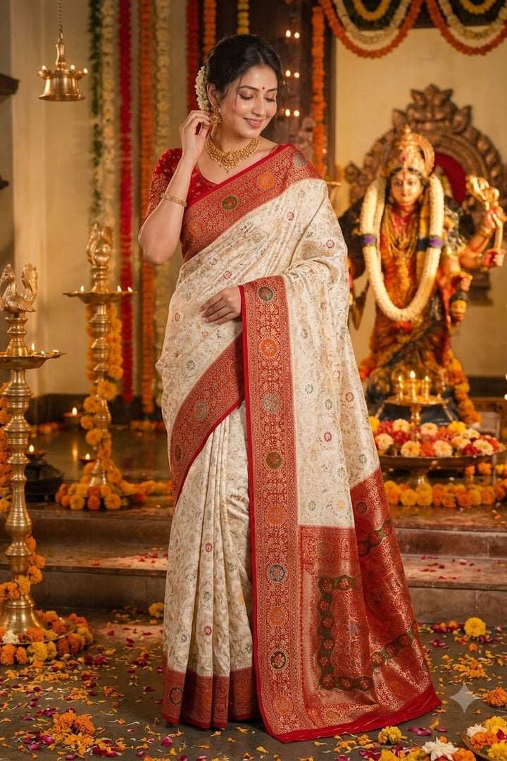 Shubho Shree Premium White Banarasi Silk Saree with Rich Red Border & Multicolor Woven Motifs