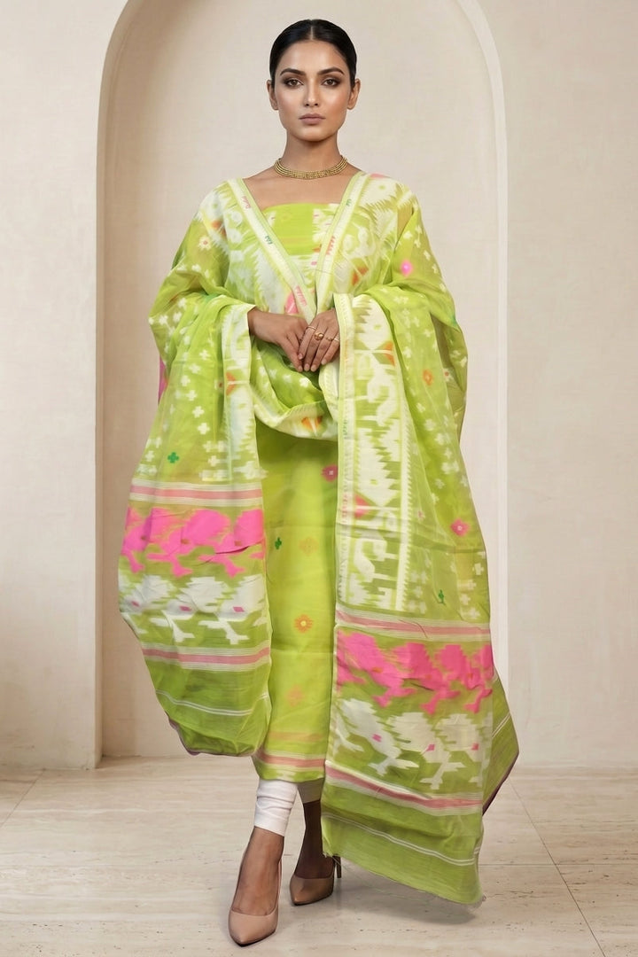 Bhorer Alo Cotton Jamdani Unstitched Dress Material (Kurti Piece and Dupatta)