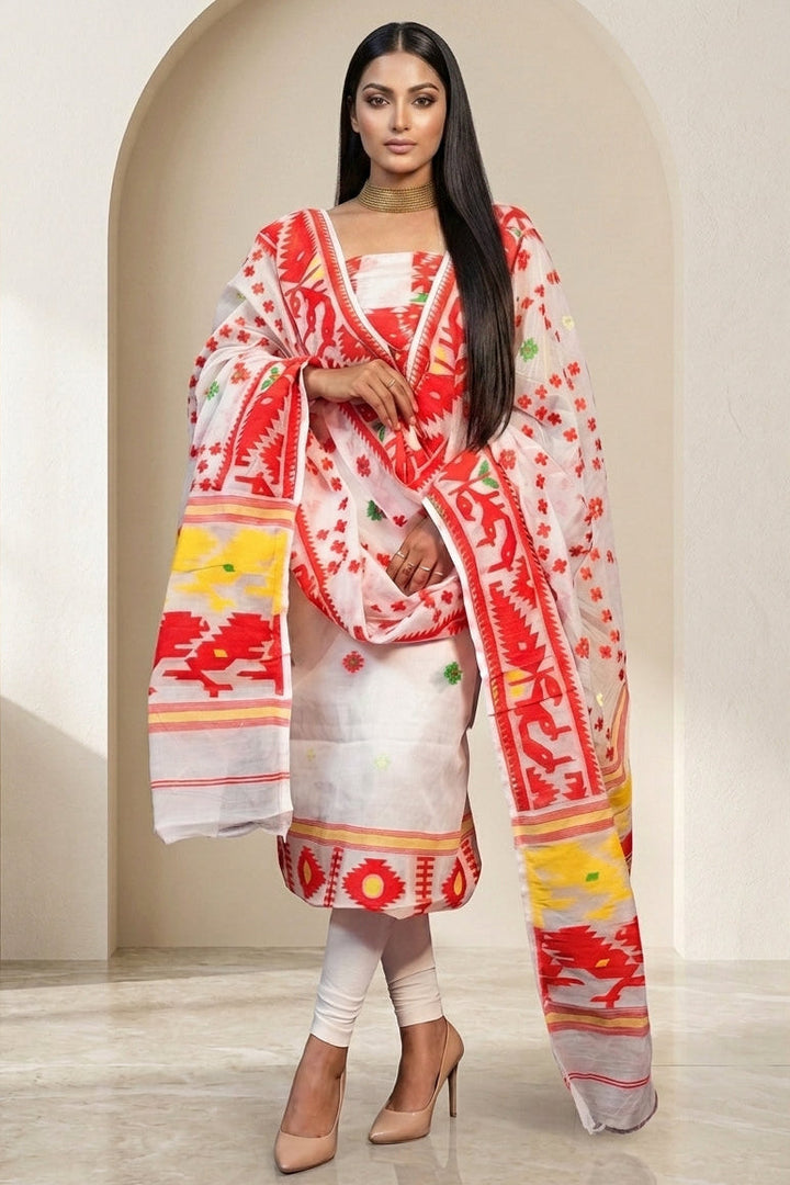Bhorer Alo Cotton Jamdani Unstitched Dress Material (Kurti Piece and Dupatta)