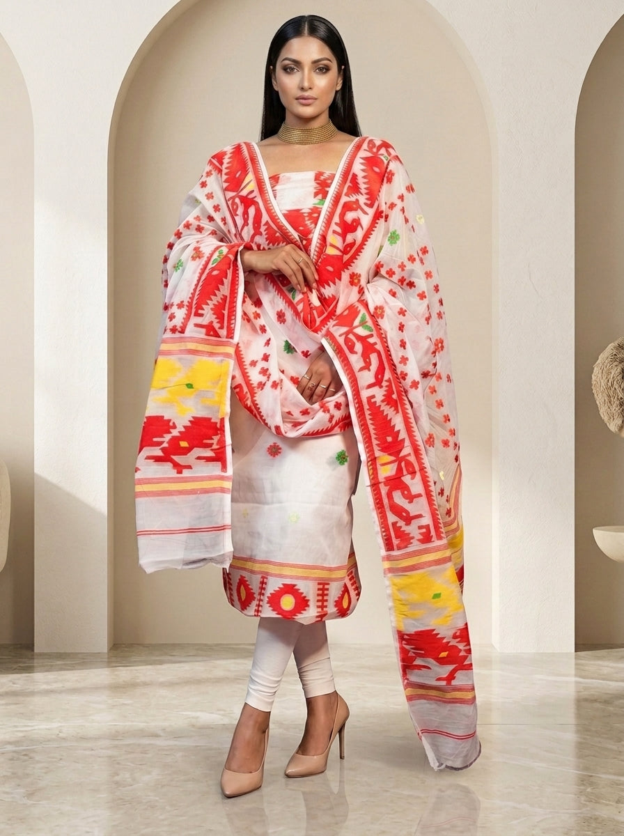 Bhorer Alo Cotton Jamdani Unstitched Dress Material (Kurti Piece and Dupatta)