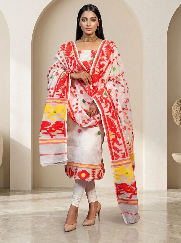 Bhorer Alo Cotton Jamdani Unstitched Dress Material (Kurti Piece and Dupatta)