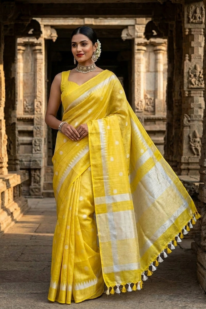 Pearl Weave Tissue Linen Saree (Yellow)