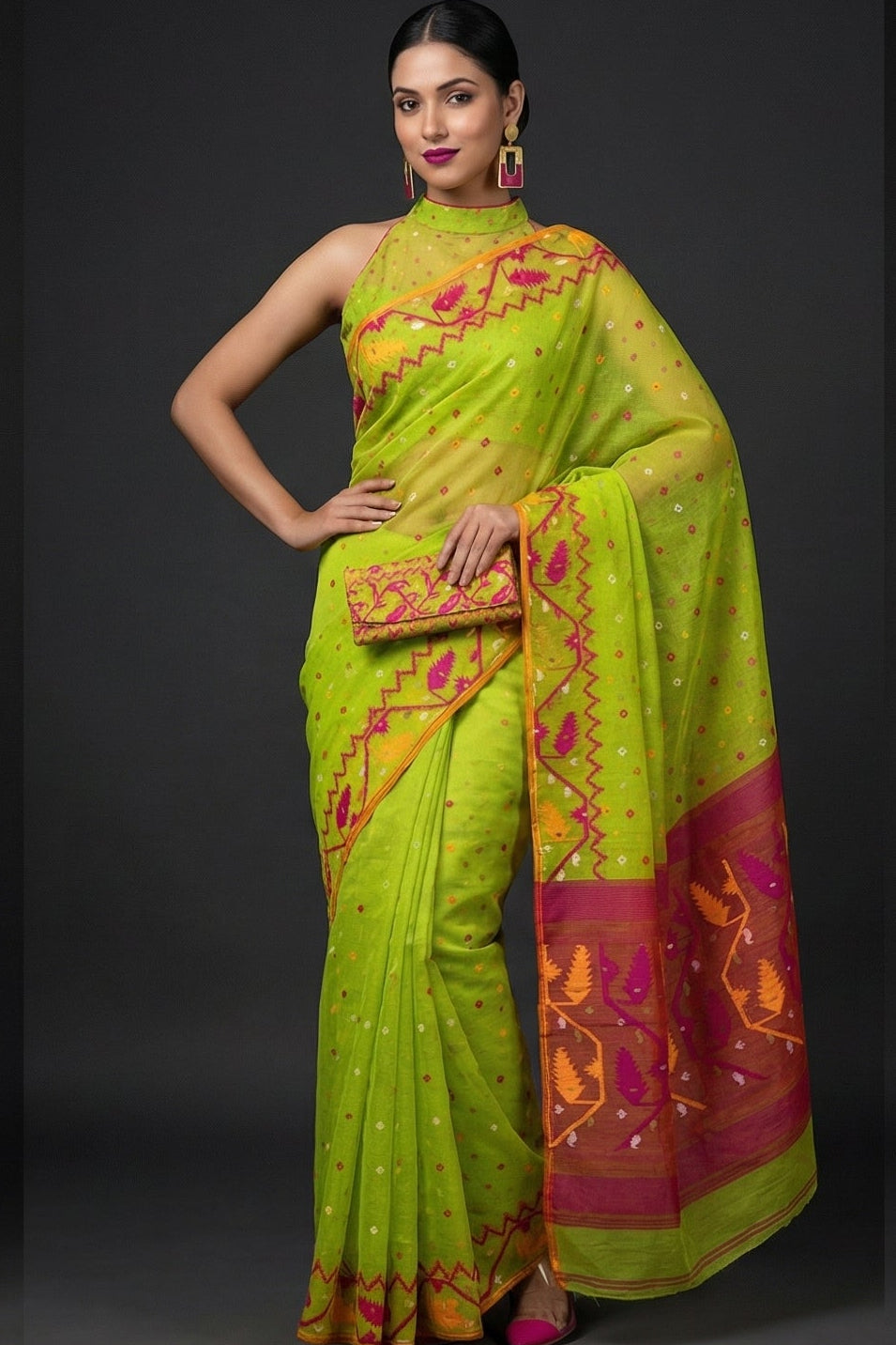Boisakhi Din-Dhakai Jamdani Saree(Pink Yellow Border)