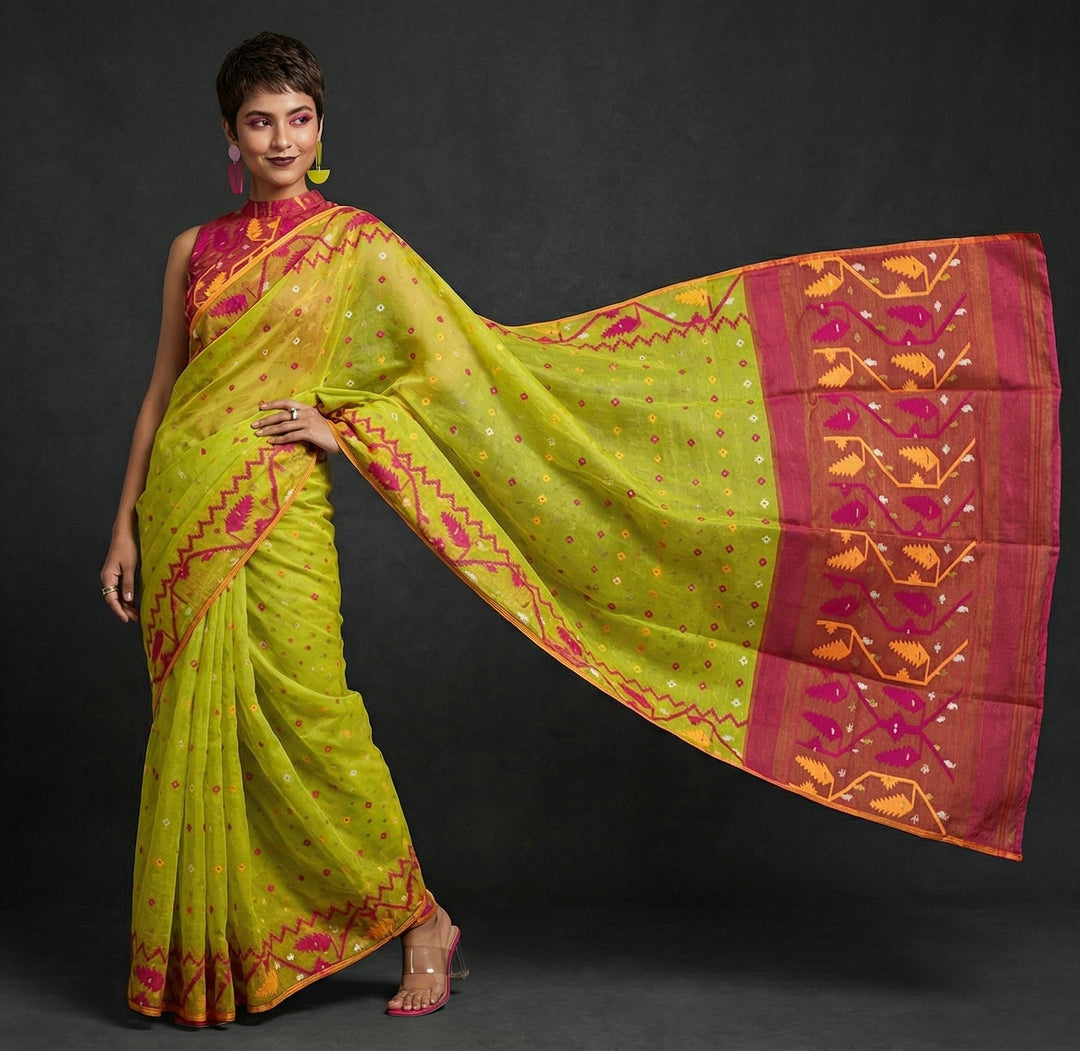 Boisakhi Din-Dhakai Jamdani Saree(Pink Yellow Border)