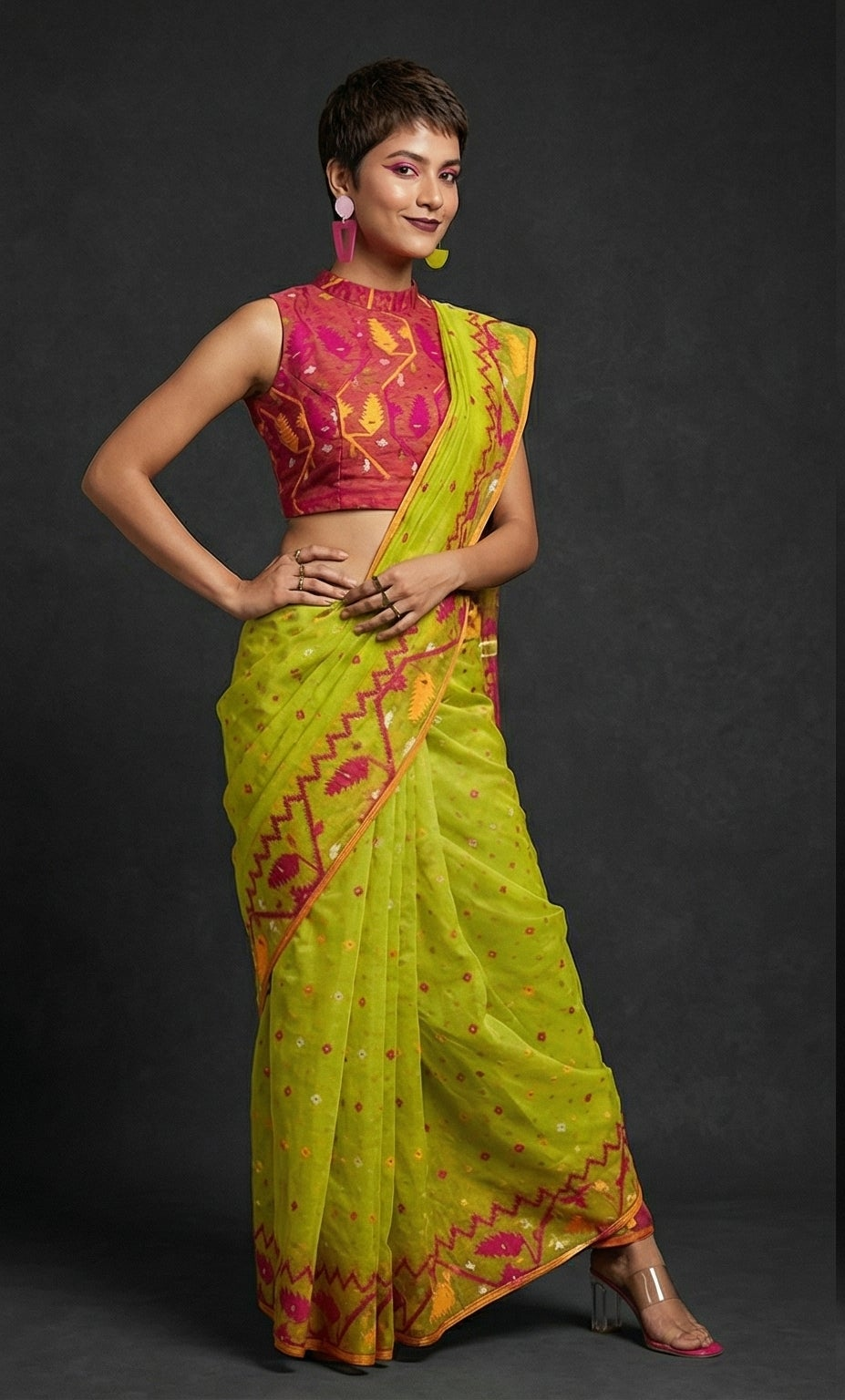Boisakhi Din-Dhakai Jamdani Saree(Pink Yellow Border)