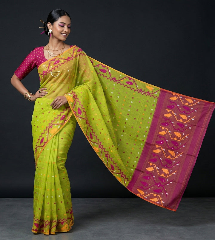 Boisakhi Din-Dhakai Jamdani Saree(Pink Yellow Border)
