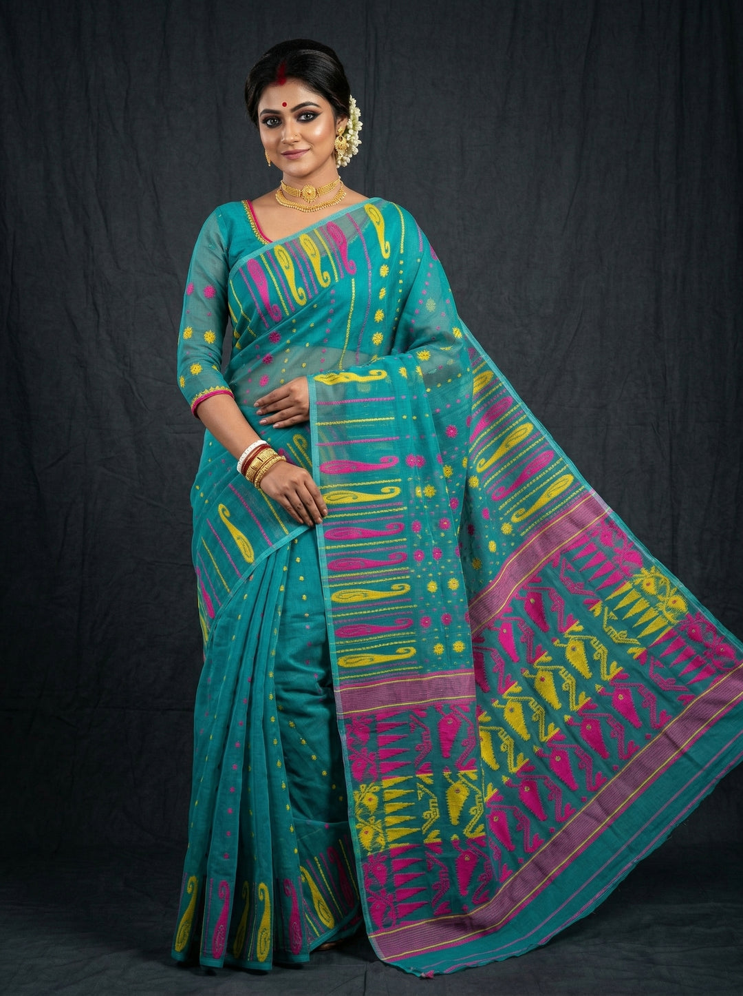 Moner Alo-Bengal Jamdani Saree (Pink Yellow Border)