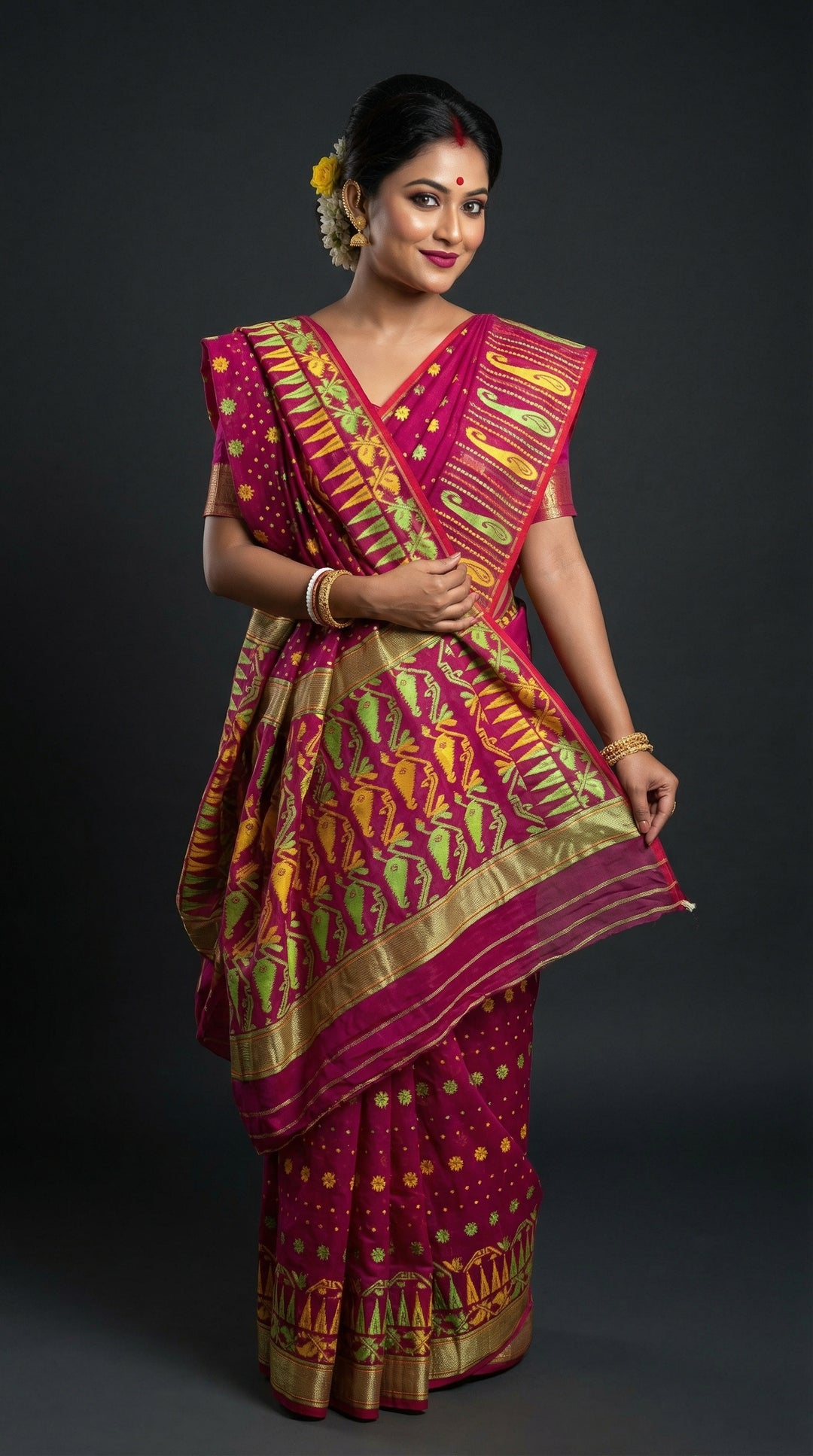 Moner Alo-Bengal Jamdani Saree (Green Yellow Border)
