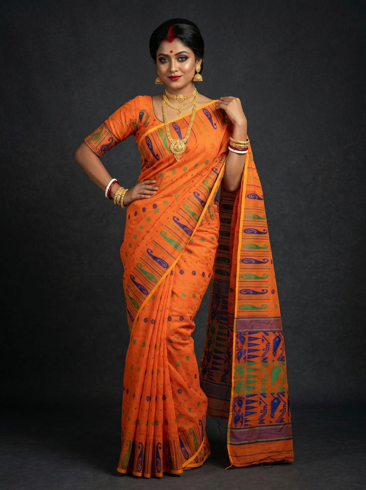 Moner Alo-Bengal Jamdani Saree (Green and Blue Border)