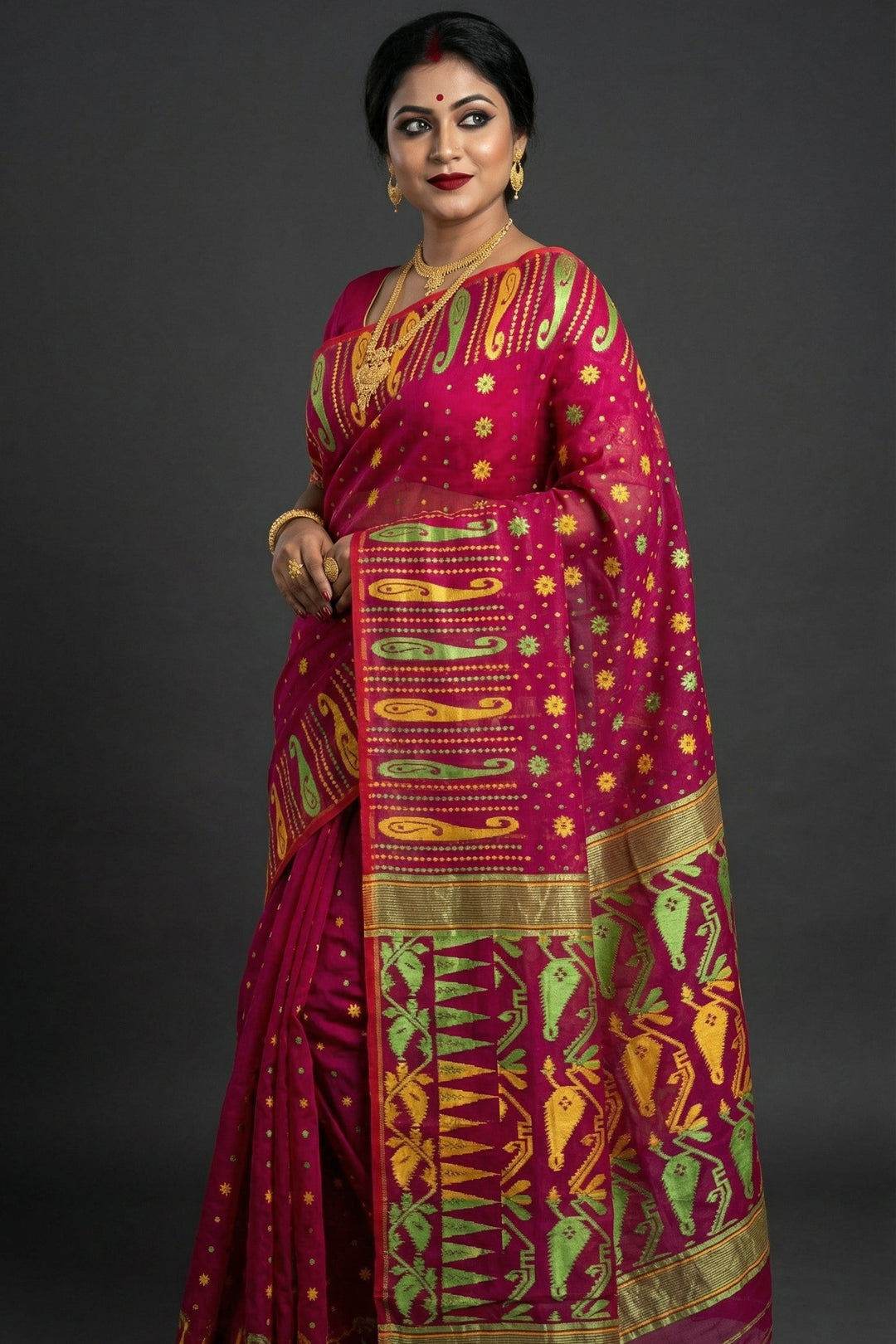Moner Alo-Bengal Jamdani Saree (Green Yellow Border)