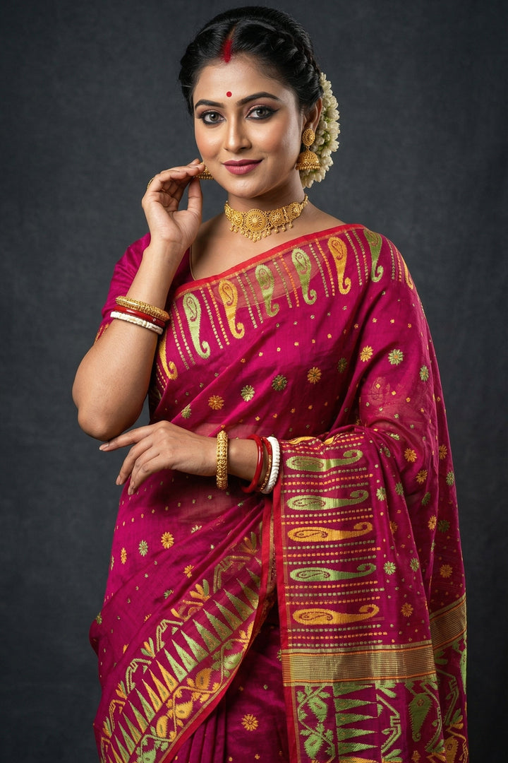 Moner Alo-Bengal Jamdani Saree (Green Yellow Border)