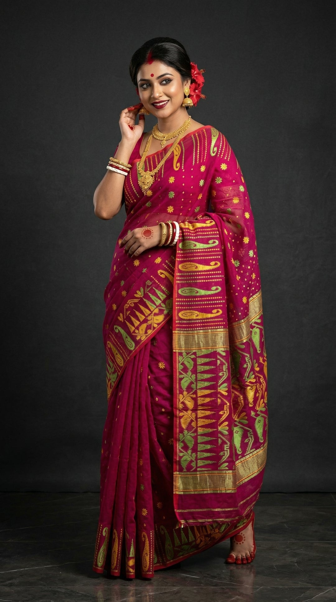 Moner Alo-Bengal Jamdani Saree (Green Yellow Border)