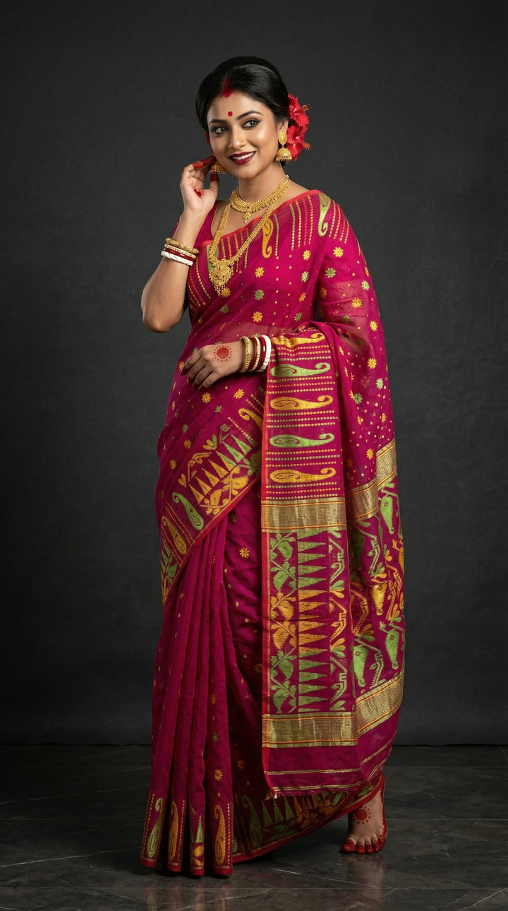 Moner Alo-Bengal Jamdani Saree (Green Yellow Border)