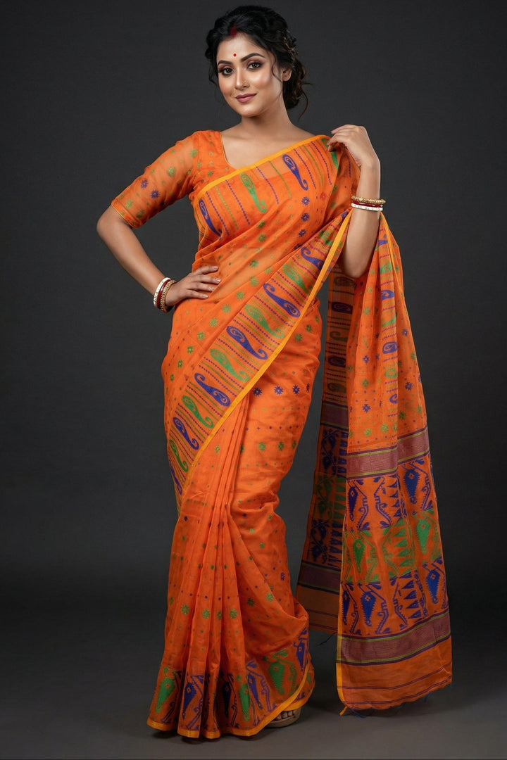 Moner Alo-Bengal Jamdani Saree (Green and Blue Border)