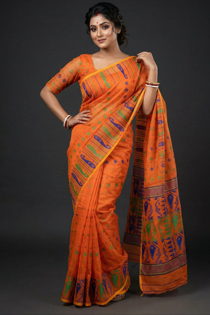 Moner Alo-Bengal Jamdani Saree (Green and Blue Border)