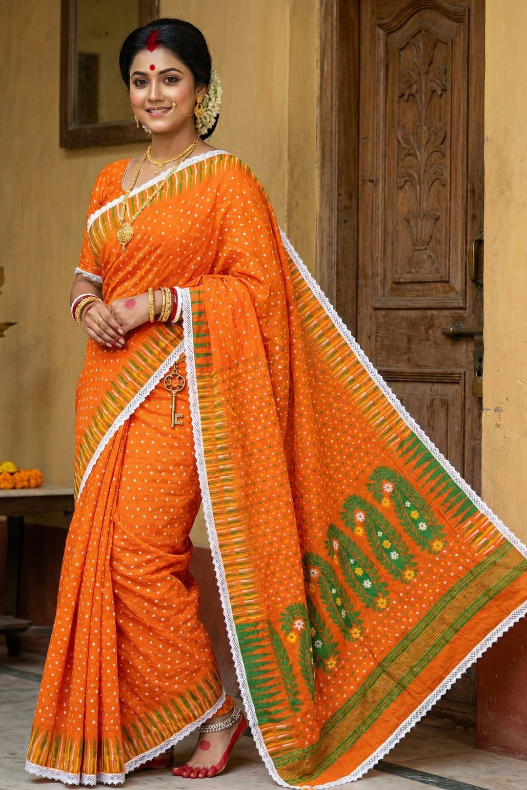 Binodini Bengal Jamdani Saree(Orange)