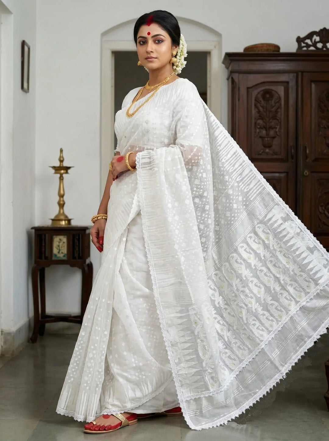 Binodini Bengal Jamdani Saree(White)