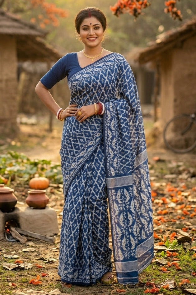 Neel Komol ( নীল কমল )Bengal Jamdani Saree(White & Blue )