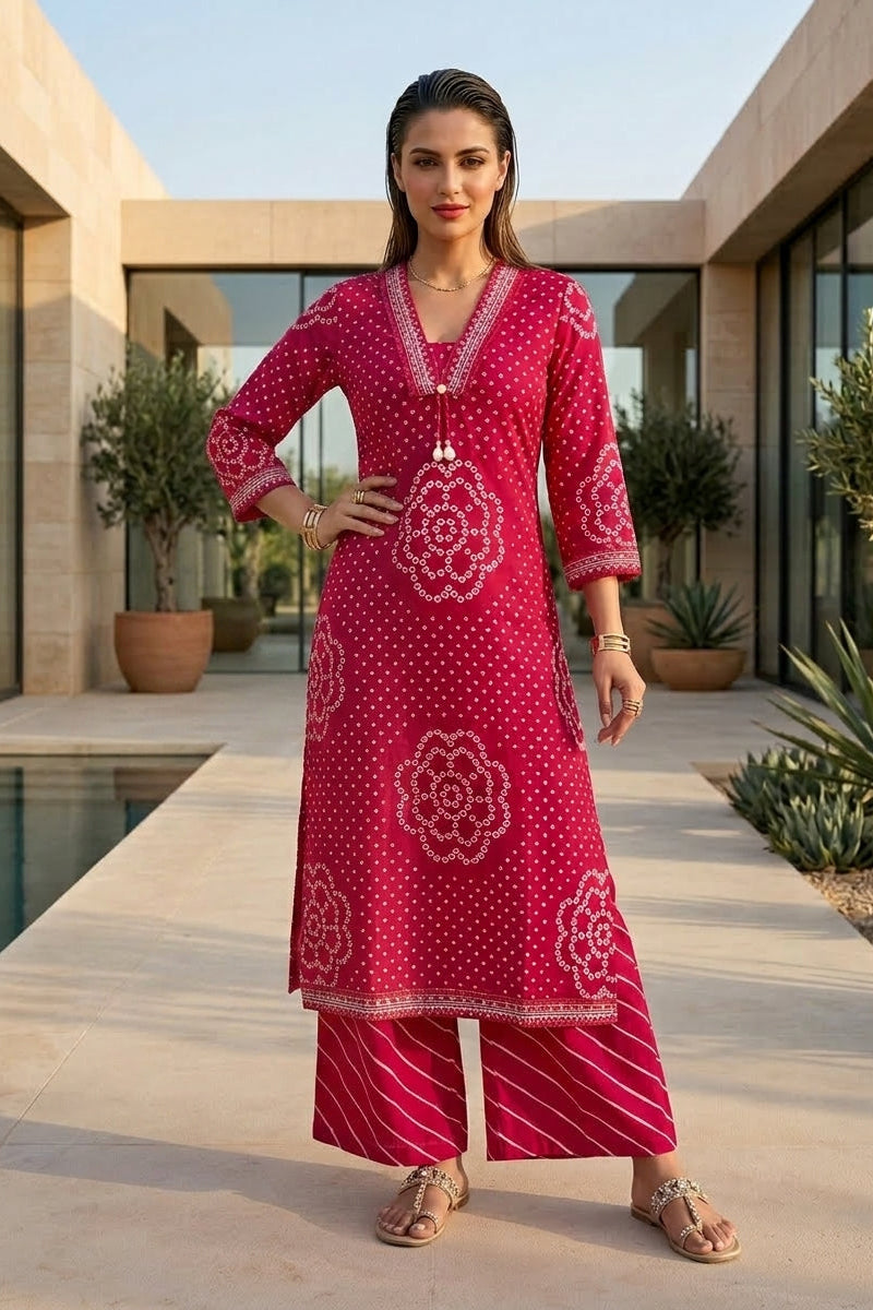 Pink Petal Leheriya Cotton Kurti Set