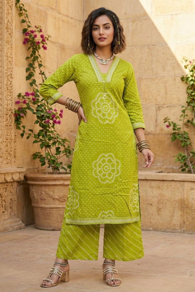 Fresh Fern Elegance Cotton Kurti Set