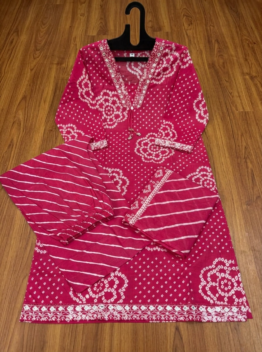 Pink Petal Leheriya Cotton Kurti Set