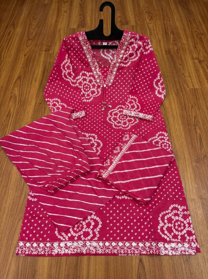 Pink Petal Leheriya Cotton Kurti Set