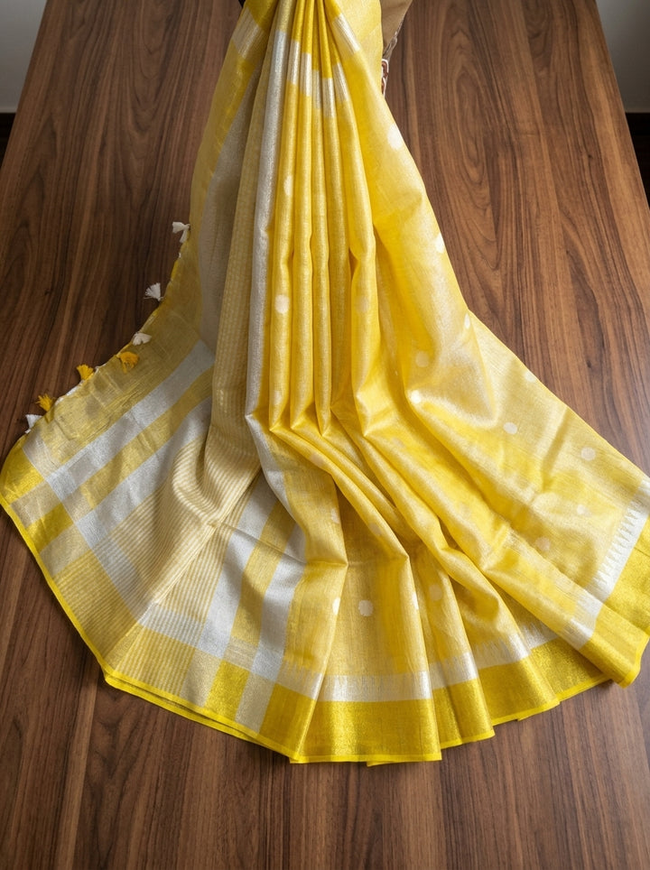 Pearl Weave Tissue Linen Saree (Yellow)