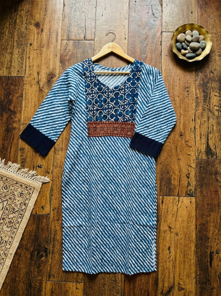 Indigo Leheriya Fusion Cotton Kurti