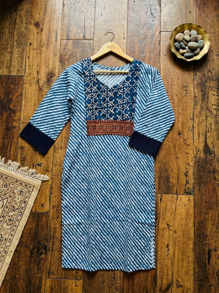 Indigo Leheriya Fusion Cotton Kurti