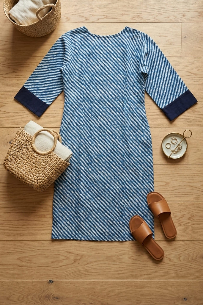 Indigo Leheriya Fusion Cotton Kurti